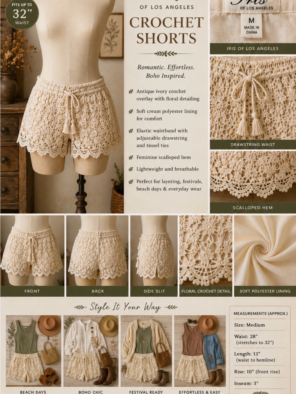 iris Cream Crochet Lace Drawstring Women’s Shorts